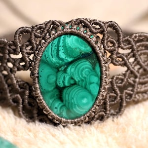 Malachite Gemstone Macrame Bracelet Waxed Thread Handmade-Boho Handcrafted