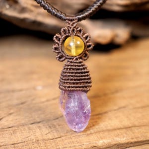 Roogh Amethyst with Amber Macrame Necklace Pendant, Bohemian Macrame Handmade