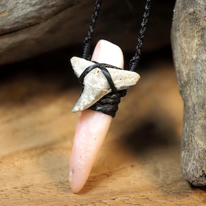 Pink Opal with Shark Tooth Macrame Necklace, Bohemian Macrame Handmade