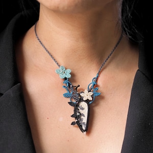 Psilomelan Dendritic with Tourmaline Necklaces Pendants,Bohemian Macrame Handmade