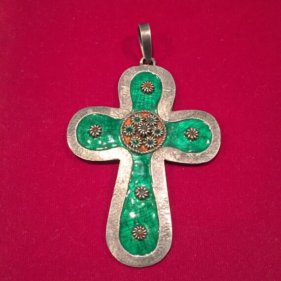 Arts & Crafts Period Enameled Sterling Cross - CA… - image 1