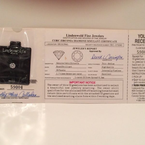 FREE SHIPPING - Lindenwold's Fine Jewelers 1 Carat Genuine Cubic Zirconia - Round Brilliant - Item# COL144