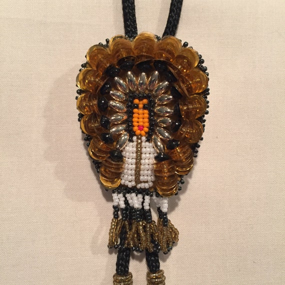 Hand Beaded Native American Bolo with Amber Headd… - image 2