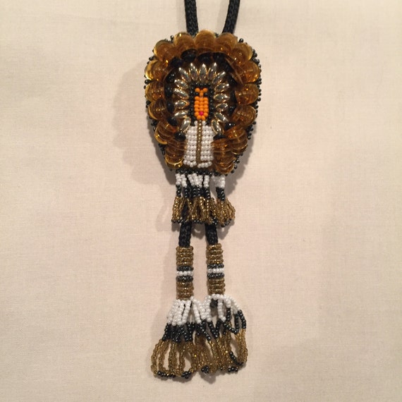 Hand Beaded Native American Bolo with Amber Headd… - image 1