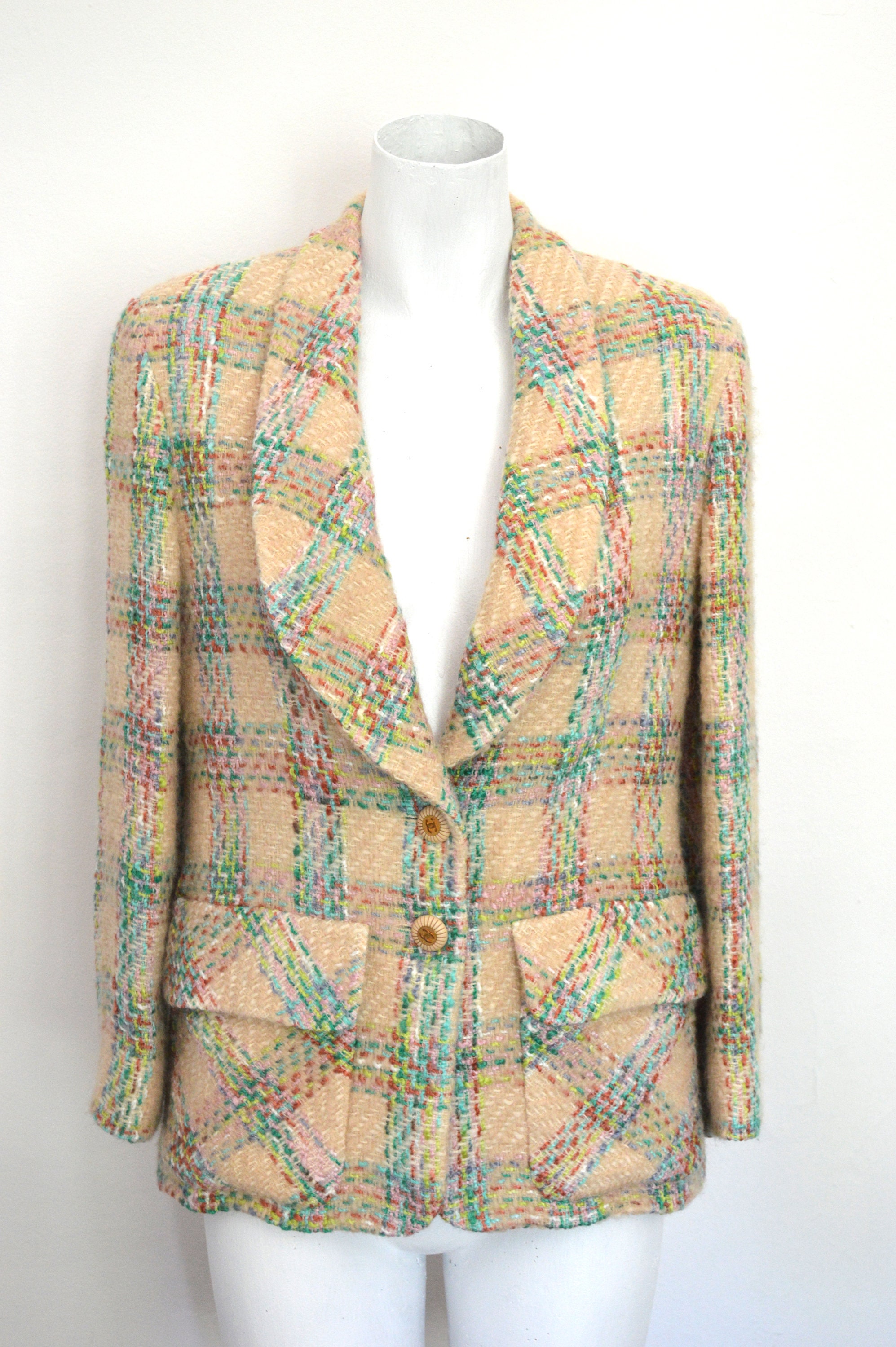 Chanel vintage emerald green fantasy tweed wool blazer with velvet skirt.