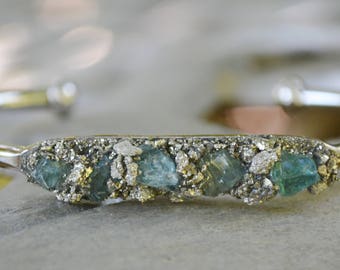 Apatite Jewelry, Apatite Bracelet, Blue Gemstone, Natural, Raw Apatite Bracelet, Pyrite, Gemstone Bracelet, Gift for Her, Cuff Bracelet