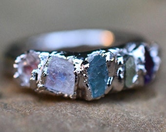 Birthstone Ring for Mom, Gift for Mother&#39;s Day, Raw Stone Jewelry, Silver Ring, Rose Gold Ring, Gold Ring, Custom Mother&#39;s Ring, Multi stone