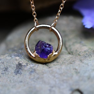 Amethyst Necklace, Birthstone Necklace for February Birthday, Circle Pendant, Dainty Necklace, Raw Stone Jewelry image 4