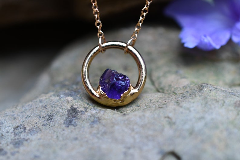 Amethyst Necklace, Birthstone Necklace for February Birthday, Circle Pendant, Dainty Necklace, Raw Stone Jewelry image 4