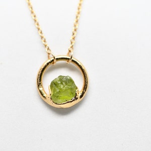 Peridot Necklace, Birthstone Necklace for August Birthday, Circle Pendant, Dainty Necklace, Raw Stone Jewelry, Gold Peridot Necklace image 3
