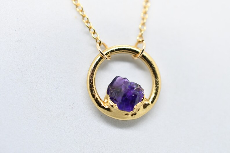 Amethyst Necklace, Birthstone Necklace for February Birthday, Circle Pendant, Dainty Necklace, Raw Stone Jewelry image 7