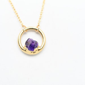 Amethyst Necklace, Birthstone Necklace for February Birthday, Circle Pendant, Dainty Necklace, Raw Stone Jewelry image 3