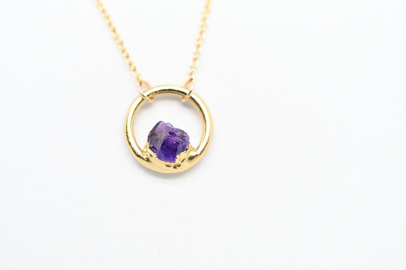 Amethyst Necklace, Birthstone Necklace for February Birthday, Circle Pendant, Dainty Necklace, Raw Stone Jewelry image 3