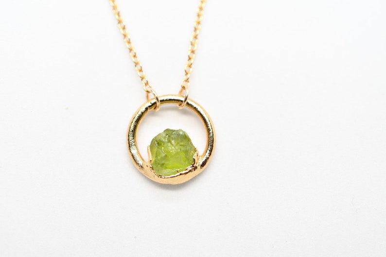 Peridot Necklace, Birthstone Necklace for August Birthday, Circle Pendant, Dainty Necklace, Raw Stone Jewelry, Gold Peridot Necklace image 6