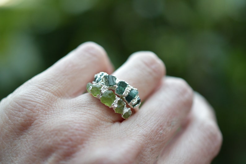 Raw Peridot Ring//Stacking Birthstone Ring, August Birthstone Ring in 999 Fine Silver image 9