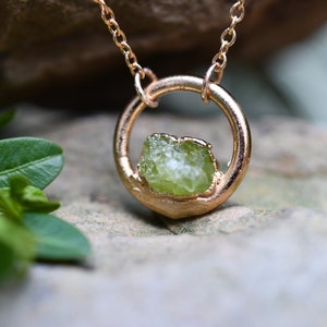 Peridot Necklace, Birthstone Necklace for August Birthday, Circle Pendant, Dainty Necklace, Raw Stone Jewelry, Gold Peridot Necklace image 2