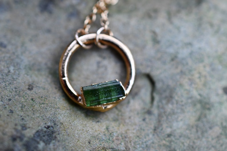 Tourmaline Necklace, Birthstone Necklace for October Birthday, Circle Pendant, Dainty Necklace, Raw Stone Jewelry, Gold Tourmaline Necklace image 4