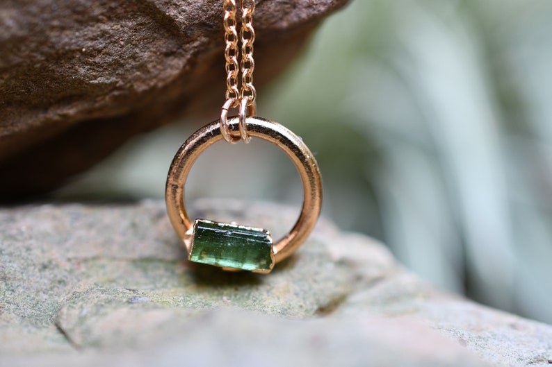 Tourmaline Necklace, Birthstone Necklace for October Birthday, Circle Pendant, Dainty Necklace, Raw Stone Jewelry, Gold Tourmaline Necklace image 3