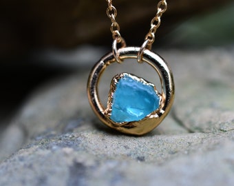 Birthstone Necklace for December Birthday Blue Topaz, Circle pendant, Dainty Necklace, raw stone jewelry