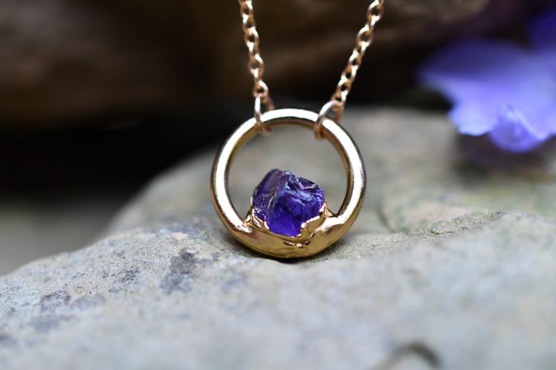 Amethyst Necklace, Birthstone Necklace for February Birthday, Circle Pendant, Dainty Necklace, Raw Stone Jewelry image 5