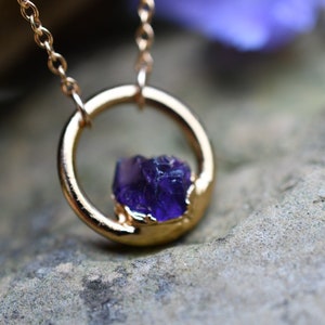 Amethyst Necklace, Birthstone Necklace for February Birthday, Circle Pendant, Dainty Necklace, Raw Stone Jewelry image 6