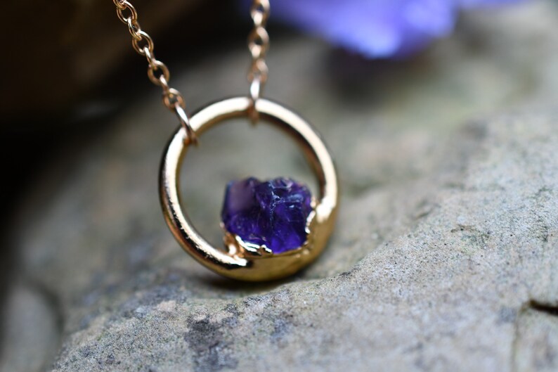 Amethyst Necklace, Birthstone Necklace for February Birthday, Circle Pendant, Dainty Necklace, Raw Stone Jewelry image 6