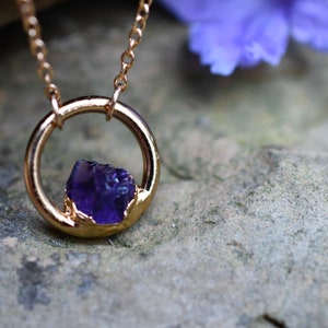 Amethyst Necklace, Birthstone Necklace for February Birthday, Circle Pendant, Dainty Necklace, Raw Stone Jewelry image 2