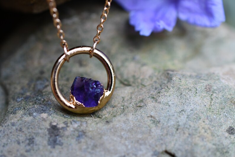 Amethyst Necklace, Birthstone Necklace for February Birthday, Circle Pendant, Dainty Necklace, Raw Stone Jewelry image 2