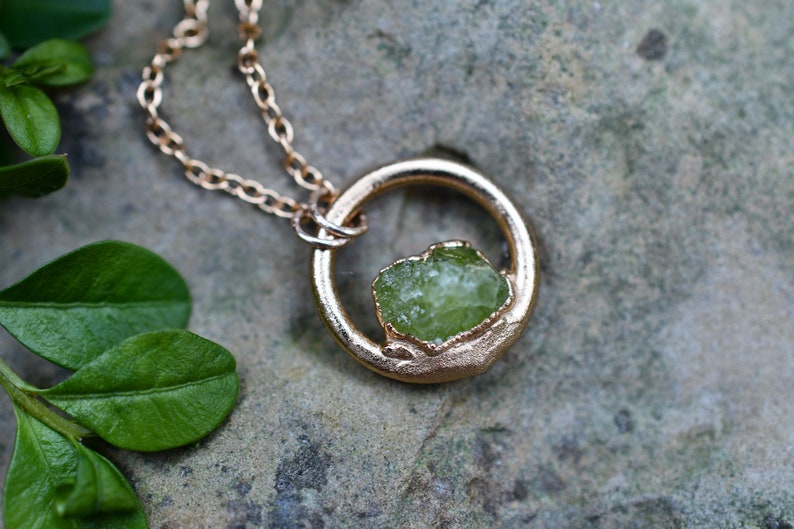 Peridot Necklace, Birthstone Necklace for August Birthday, Circle Pendant, Dainty Necklace, Raw Stone Jewelry, Gold Peridot Necklace image 4