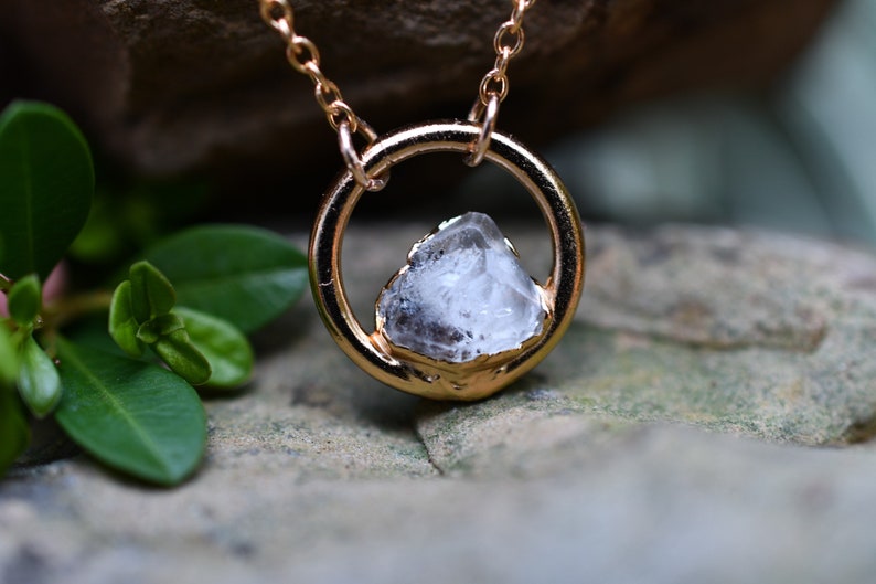 Diamond Quartz Necklace, Birthstone Necklace for April Birthday, Circle Pendant, Dainty Necklace, Raw Stone Jewelry, April Push Present image 2