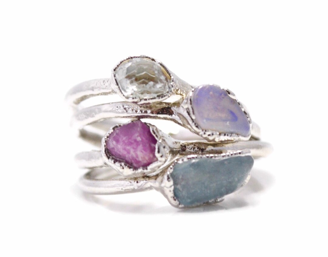 Raw Stacking Rings With Birthstones Raw Natural Stone Rings - Etsy