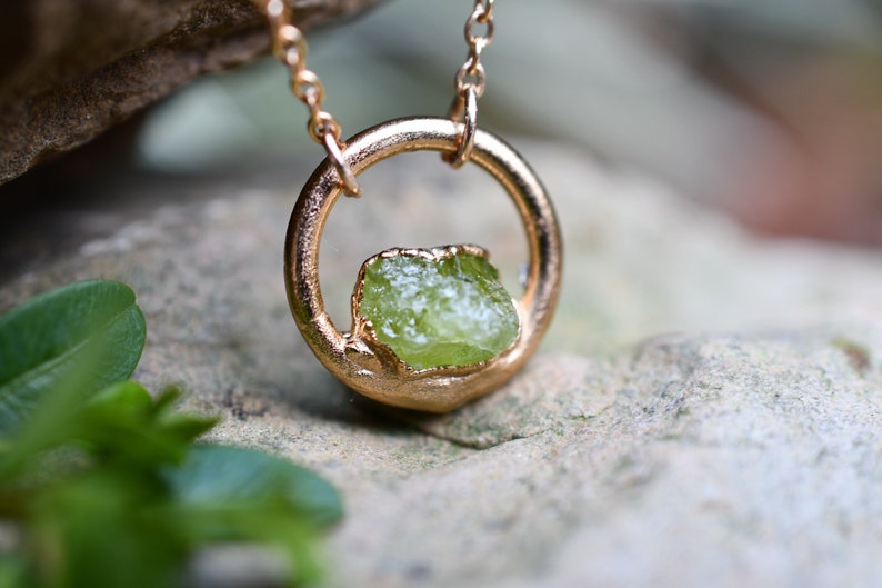 Peridot Necklace, Birthstone Necklace for August Birthday, Circle Pendant, Dainty Necklace, Raw Stone Jewelry, Gold Peridot Necklace image 1