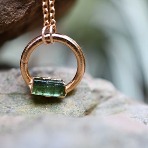 Tourmaline Necklace, Birthstone Necklace for October Birthday, Circle Pendant, Dainty Necklace, Raw Stone Jewelry, Gold Tourmaline Necklace image 1