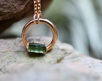 Tourmaline Necklace, Birthstone Necklace for October Birthday, Circle Pendant, Dainty Necklace, Raw Stone Jewelry, Gold Tourmaline Necklace