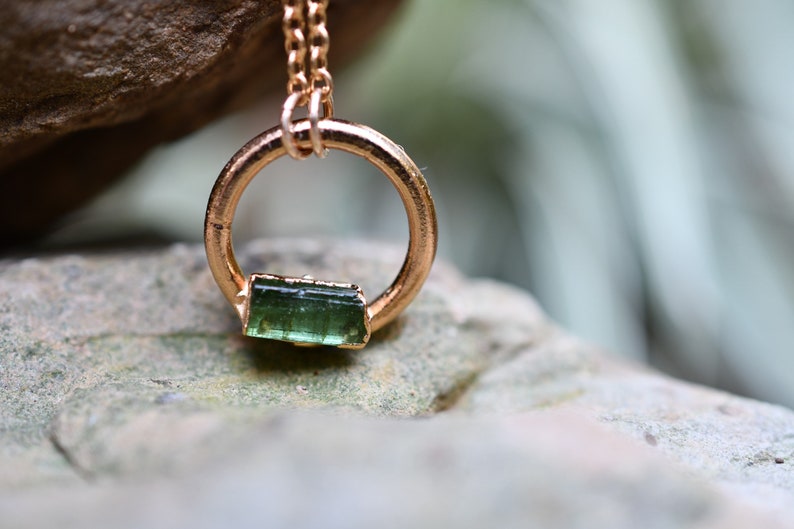 Tourmaline Necklace, Birthstone Necklace for October Birthday, Circle Pendant, Dainty Necklace, Raw Stone Jewelry, Gold Tourmaline Necklace image 1