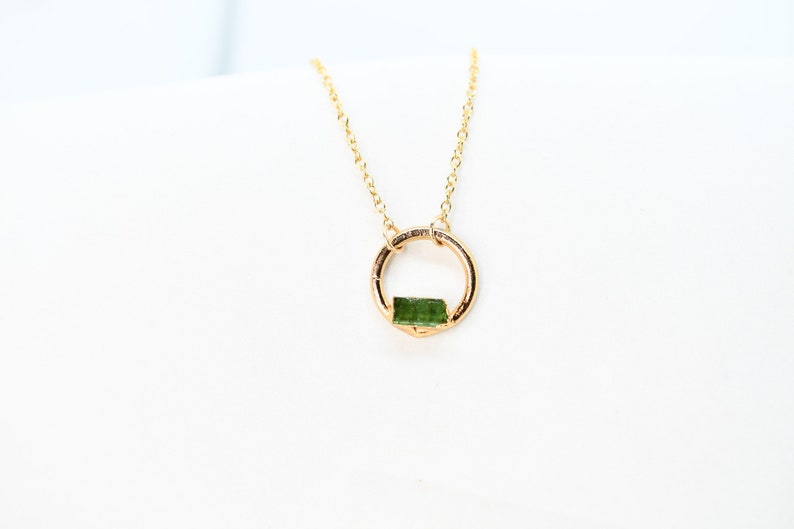 Tourmaline Necklace, Birthstone Necklace for October Birthday, Circle Pendant, Dainty Necklace, Raw Stone Jewelry, Gold Tourmaline Necklace image 6