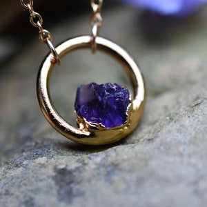 Amethyst Necklace, Birthstone Necklace for February Birthday, Circle Pendant, Dainty Necklace, Raw Stone Jewelry
