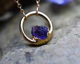 Amethyst Necklace, Birthstone Necklace for February Birthday, Circle Pendant, Dainty Necklace, Raw Stone Jewelry