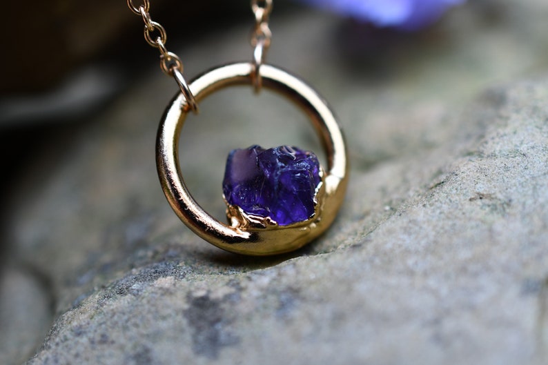 Amethyst Necklace, Birthstone Necklace for February Birthday, Circle Pendant, Dainty Necklace, Raw Stone Jewelry image 1