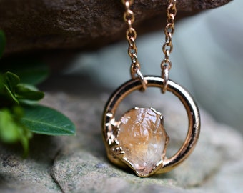 Citrine Necklace, Birthstone Necklace for November Birthday, Circle Pendant, Dainty Necklace, Raw Stone Jewelry, Gold Citrine Necklace