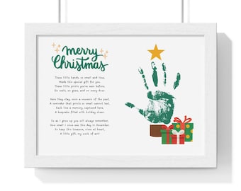 May include: A green handprint in the shape of a Christmas tree with a gold star on top. The handprint is surrounded by a white background with a poem about the handprint being a keepsake for the holidays. The poem reads: "These little hands, so small and true, Made this special gift for you. These little prints you've seen before, On walls, on glass, and on every door. Here they stay, soon a souvenir of the past, A reminder that prints so small cannot last. Each line a memory, captured here, A keepsake filled with holiday cheer. So as I grow up you will always remember, How small I once was this day in December. So keep this treasure, close at heart. A little gift, my work of art!"
