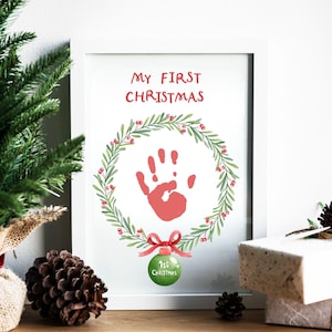 Baby&#39;s First Christmas Handprint Printable | My First Christmas Personalized Keepsake with Wreath Design | Instant Download | Baby Keepsake