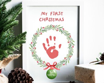 Baby's First Christmas Handprint Printable | My First Christmas Personalized Keepsake with Wreath Design | Instant Download | Baby Keepsake
