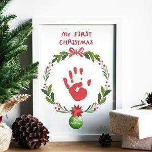 Baby&#39;s First Christmas Handprint Printable | My First Christmas Personalized Keepsake with Wreath Design | Instant Download | Baby Keepsake