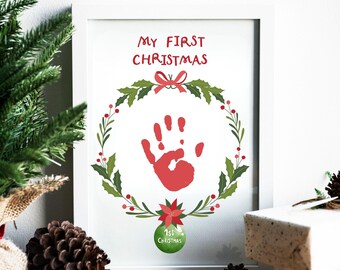 Baby's First Christmas Handprint Printable | My First Christmas Personalized Keepsake with Wreath Design | Instant Download | Baby Keepsake