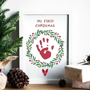 Baby&#39;s First Christmas Handprint Printable | My First Christmas Personalized Keepsake with Wreath Design | Instant Download | Baby Keepsake