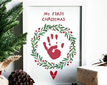 Baby's First Christmas Handprint Printable | My First Christmas Personalized Keepsake with Wreath Design | Instant Download | Baby Keepsake