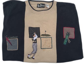 Vtg Golf Sweater by Alan Stuart 90s Textured 3D Embroidered
