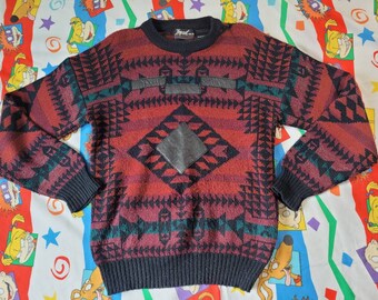 Vtg 80s Sweater sweater w/ leather / Geometric Print by Impact Size medium aztec ombre Navajo