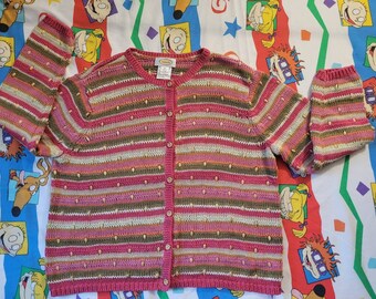 Vtg Y2k Talbots Striped Cardigan Sweater Sz XL wooden buttons Beads embroidered knit